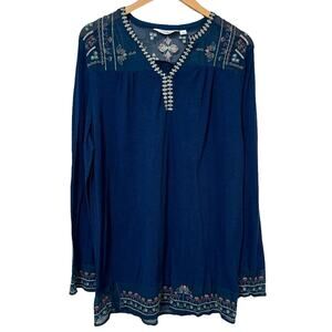 Great Northwest Indigo Tunic Length Feminine Loose Fit Embroidered Top Size XL